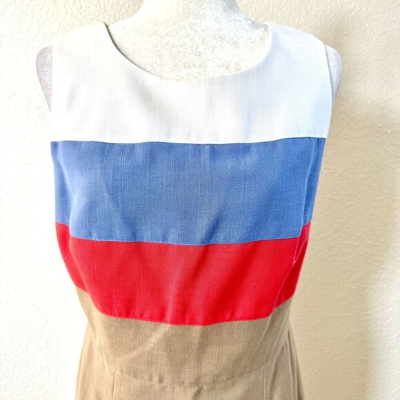 VTG Howard Wolf Size 8 Sheath Pencil Dress Tan Blue White Colorblock Stripes - Picture 2 of 16